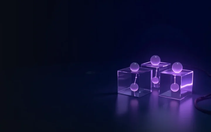 A dark navy background with glowing violet glass cubes and light links on the right.