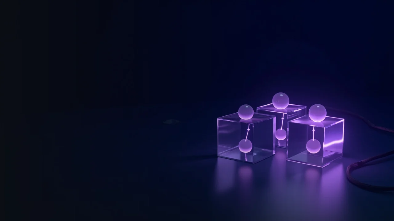 Un fondo azul marino oscuro con cubos de cristal violeta brillantes y enlaces de luz a la derecha.