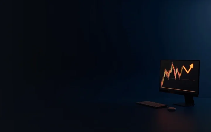 Un bureau sombre avec un écran affichant des barres orange lumineuses et une flèche ascendante.