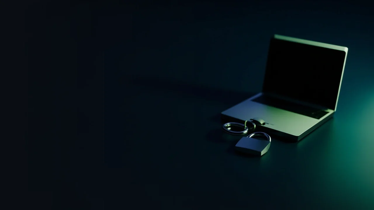 Et mørkt skrivebord med en hardware-wallet, en stålplade og en hængelås oplyst i grønt.