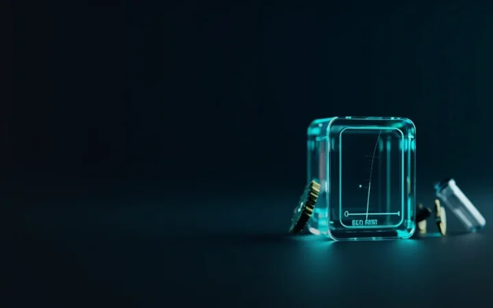 En mørk navyblå scene med en glødende glasblok, tandhjul og hætteglas til højre.