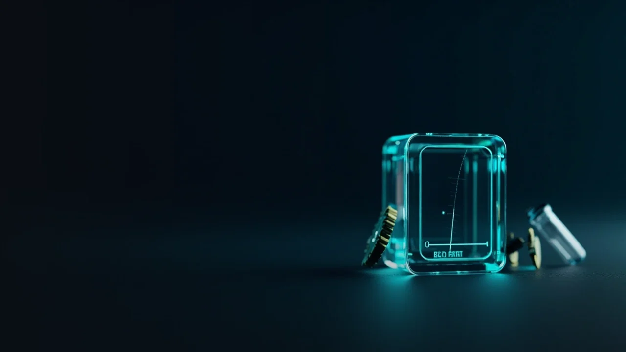 En mørk navyblå scene med en glødende glasblok, tandhjul og hætteglas til højre.