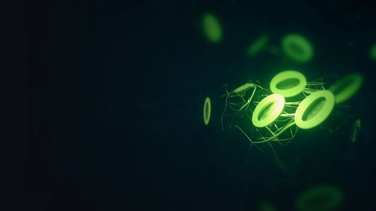 A dark navy background with glowing lime green blank tokens and light beams.