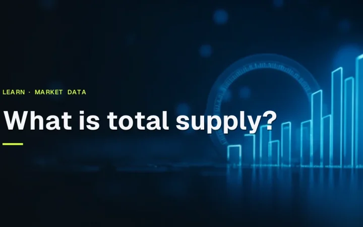 The title What is total supply? appears over a dark background with glowing blue data bars and dials on the right.
