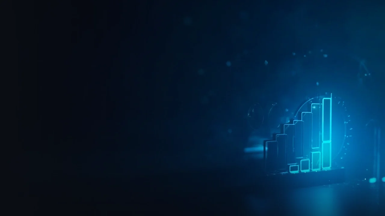 A dark background with glowing blue data bars and dials on the right.