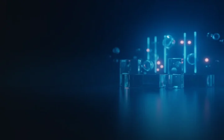Un fond bleu marine foncé avec des blocs de verre reliés par une lumière bleue et des barres lumineuses.