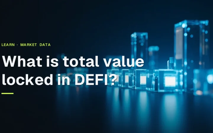 The title What is total value locked in DeFi over a dark navy background with glass blocks joined by blue light and glowing bars.
