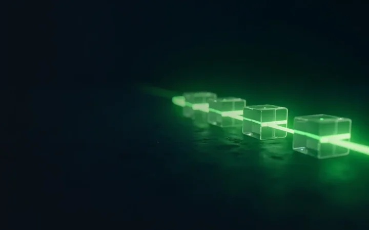 En mørk navyblå baggrund med glødende limegrønne glasblokke forbundet af lys i højre halvdel.