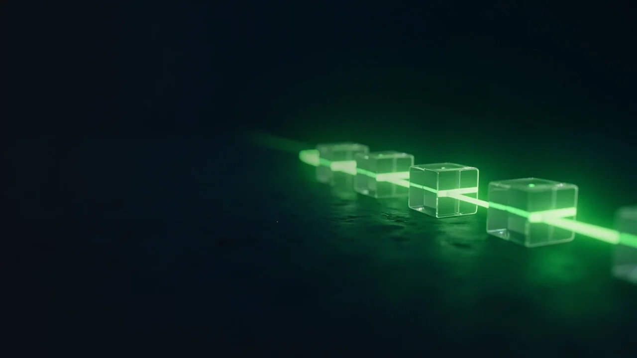 En mørk navyblå baggrund med glødende limegrønne glasblokke forbundet af lys i højre halvdel.