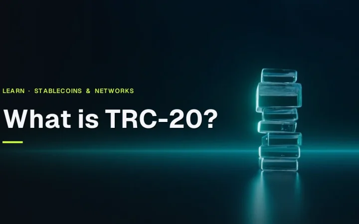The title What is TRC-20? over a dark navy background with glowing teal glass blocks on the right.