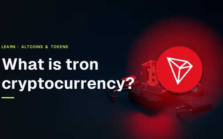 The title What is tron cryptocurrency with the TRON logo over a dark navy scene of a glass block, hardware wallet, steel plate and padlock lit in red.