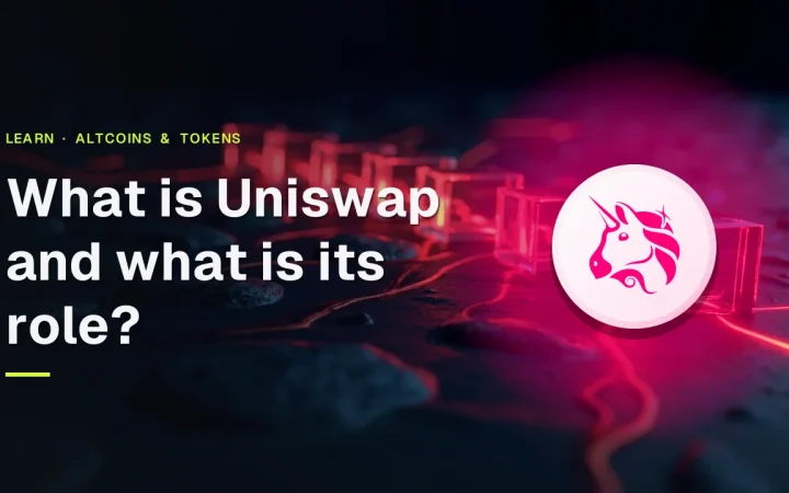 The title What is Uniswap and what is its role? and the Uniswap logo over glass blocks joined by red light on a dark navy background.