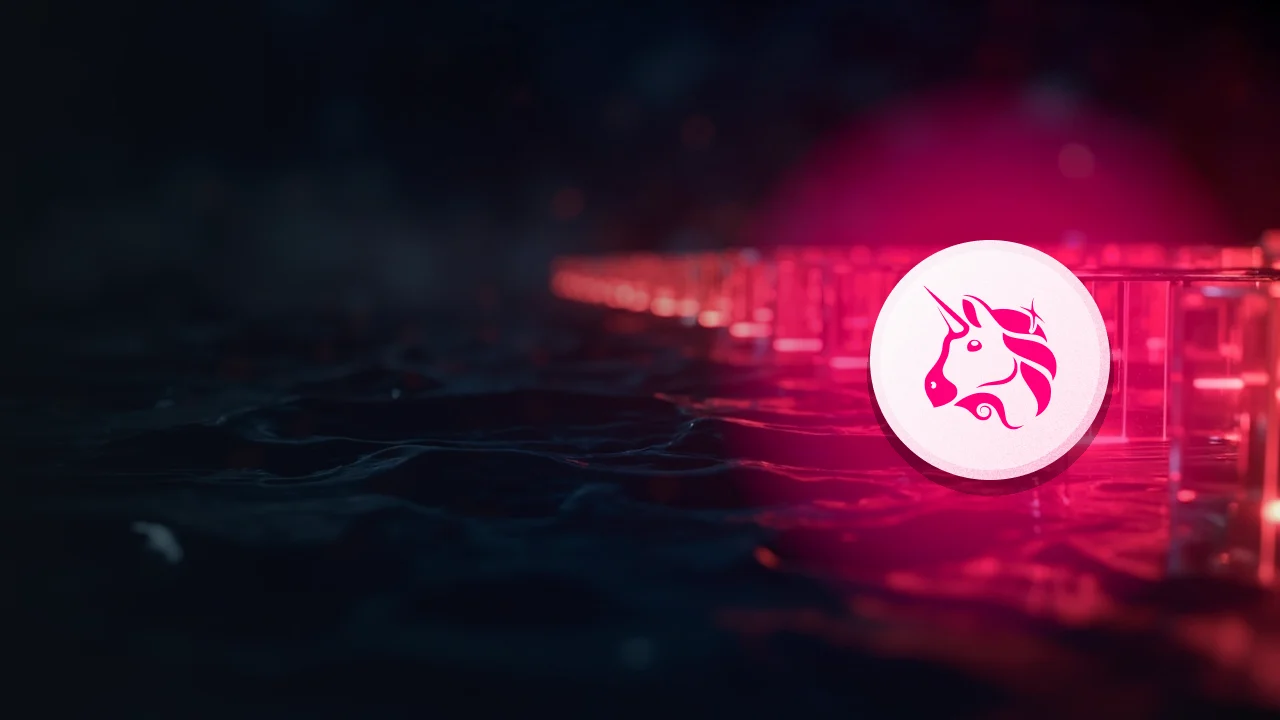 Das Uniswap-Logo über Glasblöcken, die durch rotes Licht auf dunkelblauem Hintergrund verbunden sind.
