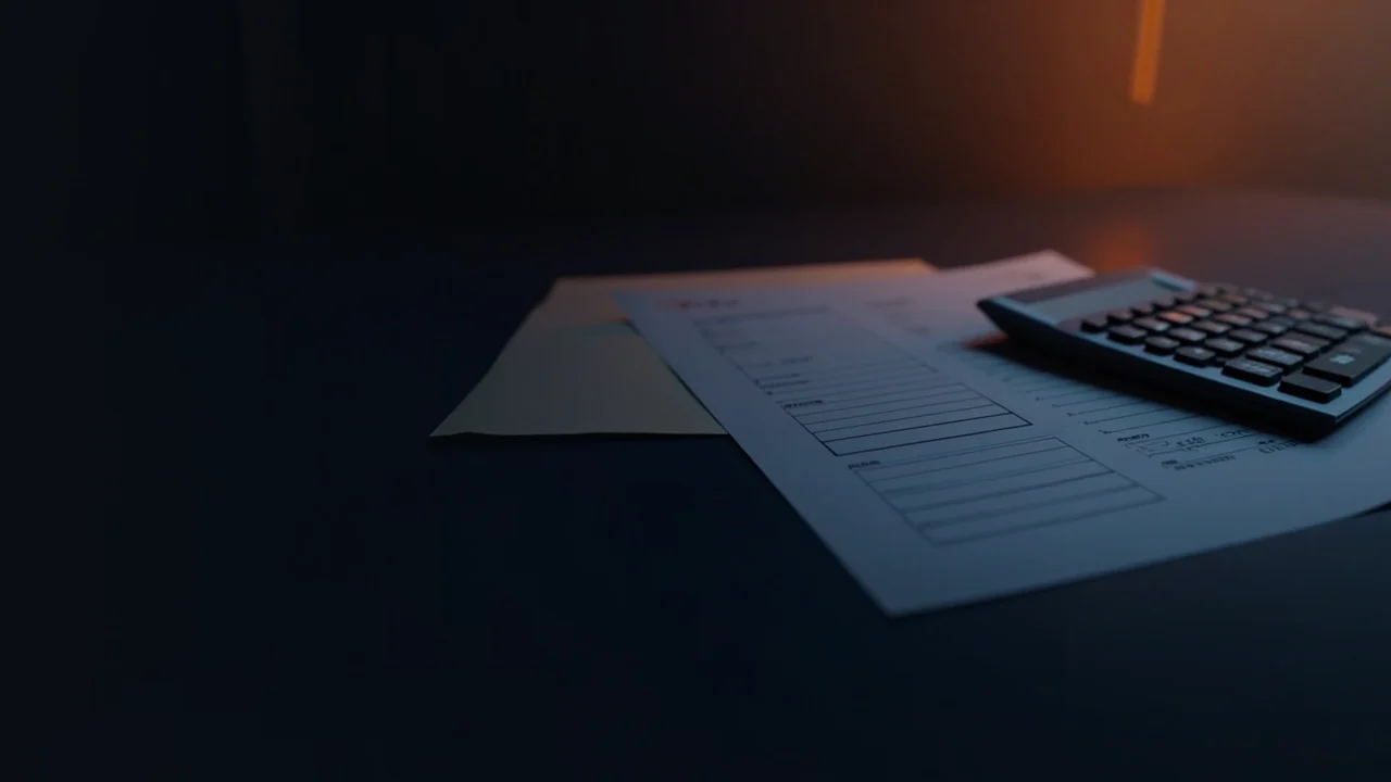 Ein dunkler Schreibtisch mit einem Taschenrechner, leeren Formularen und einem Stift, in Orange beleuchtet.