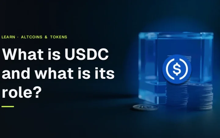 The title What is USDC and what is its role? and the USD Coin logo over a dark navy scene of blank silver coins and a glass vault lit by blue glow.