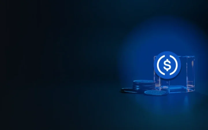 USD Coin-logoet over en mørk navy scene med blanke sølvmønter og en glasboks oplyst af blå glød.