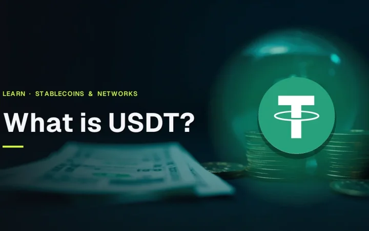 The title What is USDT with the Tether logo over a dark navy scene of blank coins, a glass vault and blank banknote paper.