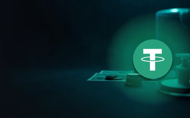 Tether-logoet over en mørk navyscene med blanke mønter, et glasvælving og blankt bankpapir.