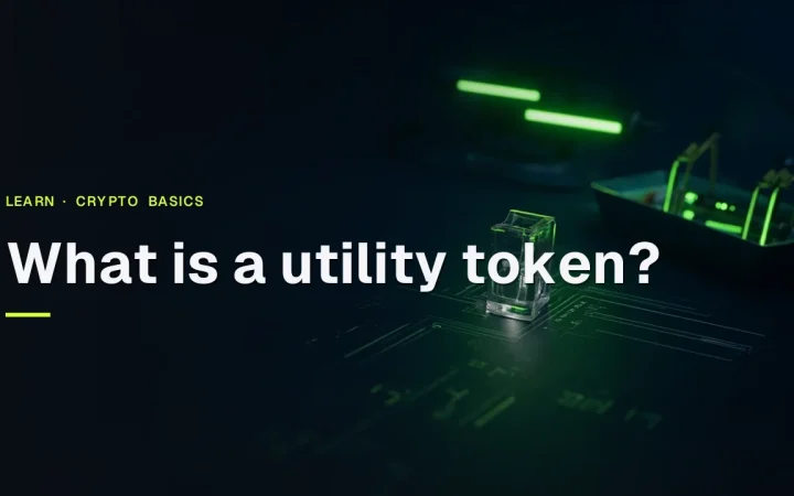 Der Titel Was ist ein Utility-Token? über einer dunkelblauen Szene mit einem leuchtenden Glas-Token und Schaltkreislicht auf der rechten Seite.
