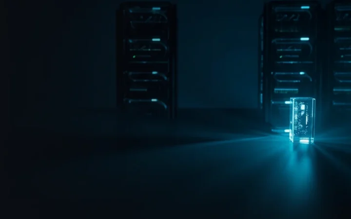 Mørke serverracks, kabler og en glasblok oplyst af cyan-lys.