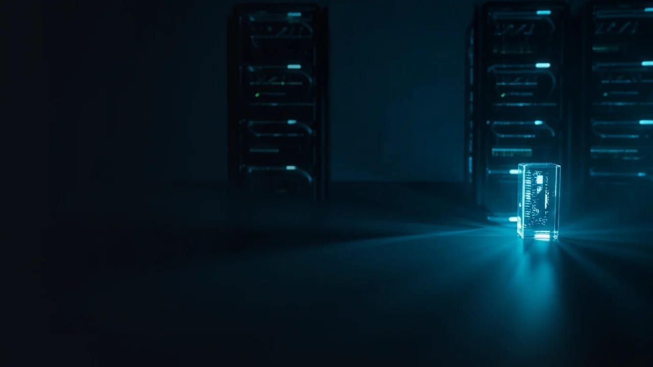 Mørke serverracks, kabler og en glasblok oplyst af cyan-lys.