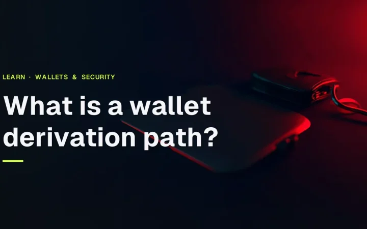The title What is a wallet derivation path with a dark navy desk, a blank hardware wallet, a steel plate and a padlock in red glow.