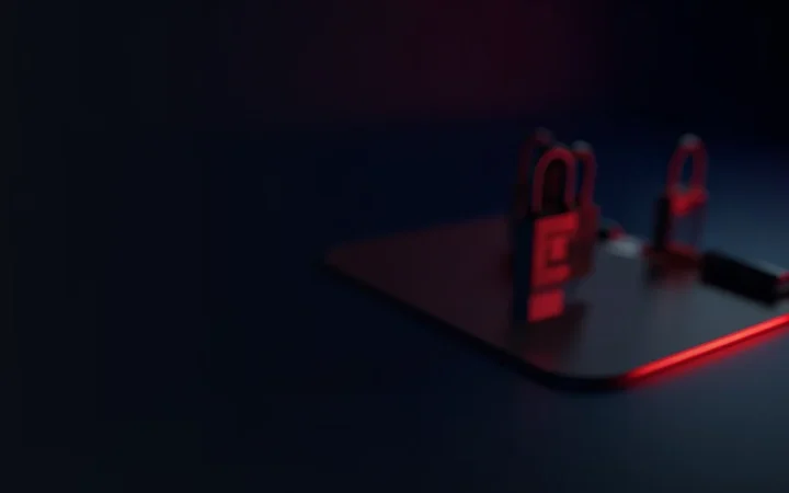 Le avec un bureau bleu marine foncé, un portefeuille matériel vierge, une plaque en acier et un cadenas dans une lueur rouge.