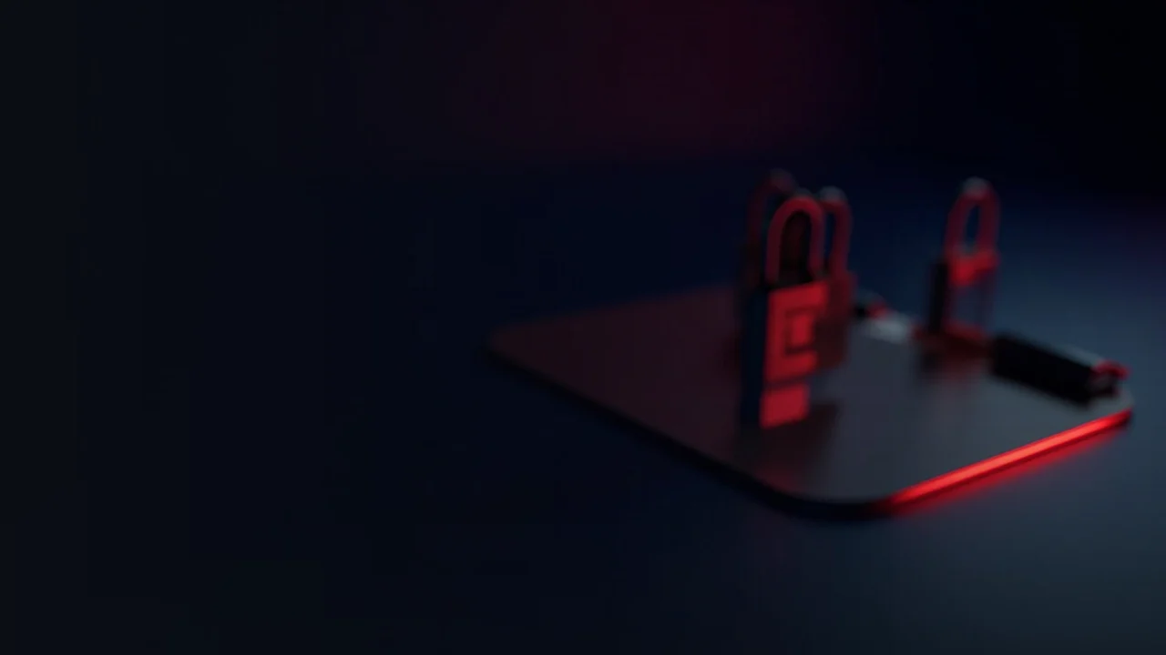 Skrivebordet i mørk navy med en blank hardware wallet, en stålplade og en hængelås i rød glød.