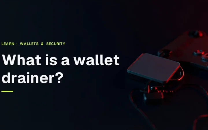 What is a wallet drainer? title over a dark desk with a hardware wallet, steel plate and padlock lit in red.