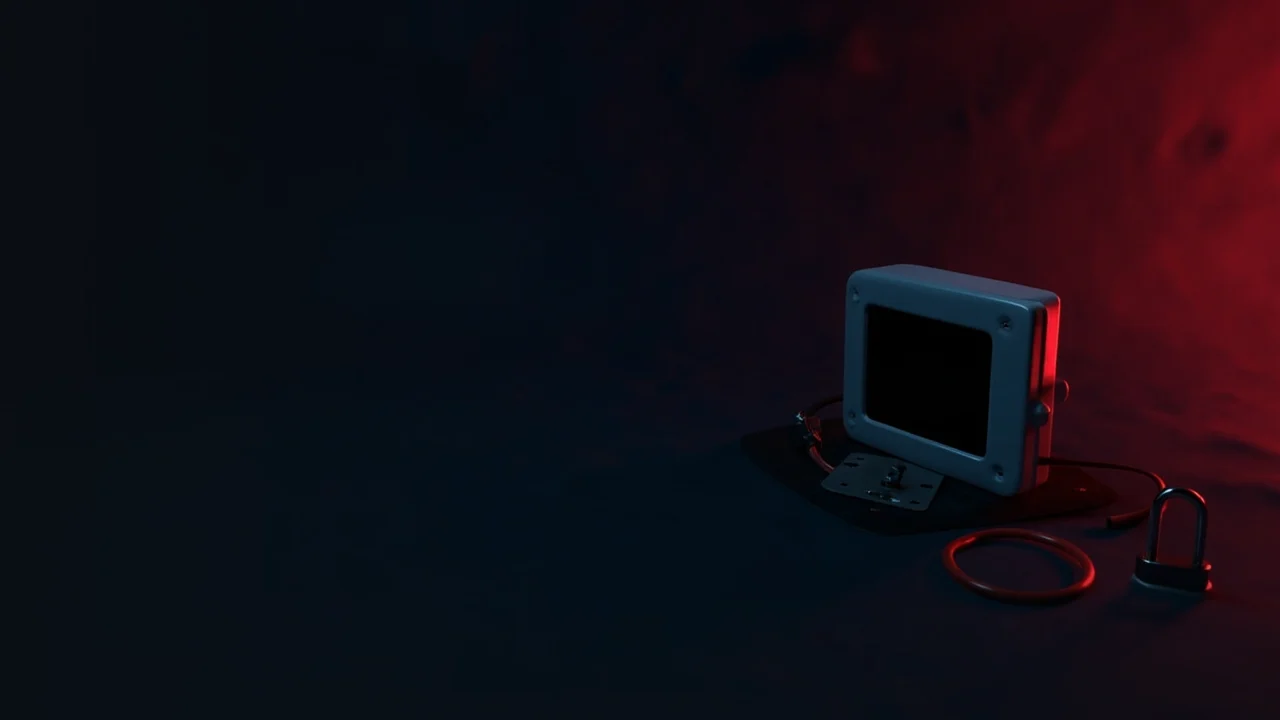 A dark desk with a hardware wallet, steel plate and padlock lit in red.