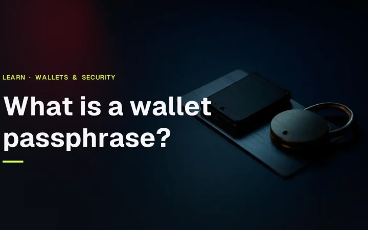 The title What is a wallet passphrase sits over a dark navy scene with a hardware wallet, steel plate and padlock lit in red.