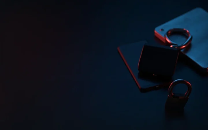 En mørk navy scene med en hardware wallet, stålplade og hængelås oplyst i rødt.