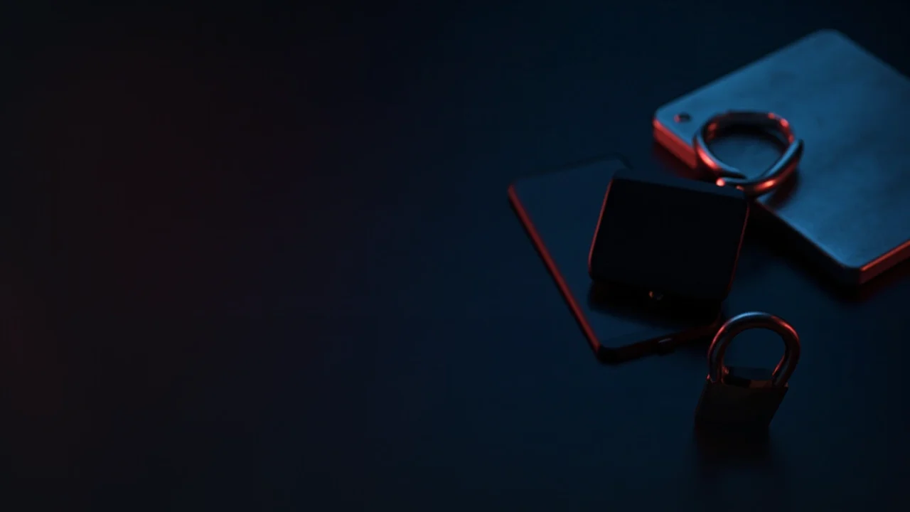 A dark navy scene with a hardware wallet, steel plate and padlock lit in red.