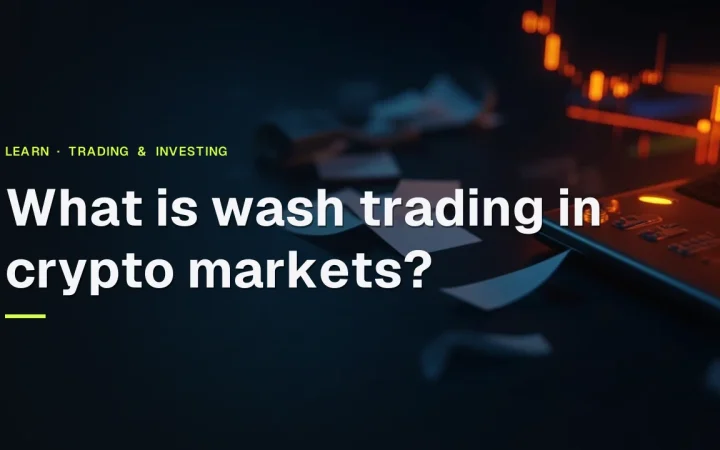 Titlen What is wash trading in crypto markets? over en mørk marineblå scene af et handelsbord med glødende orange bjælker og målere til højre.