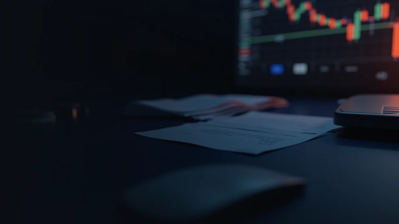 Eine dunkelblaue Szene eines Trading-Desks mit leuchtenden orangefarbenen Balken und Skalen auf der rechten Seite.