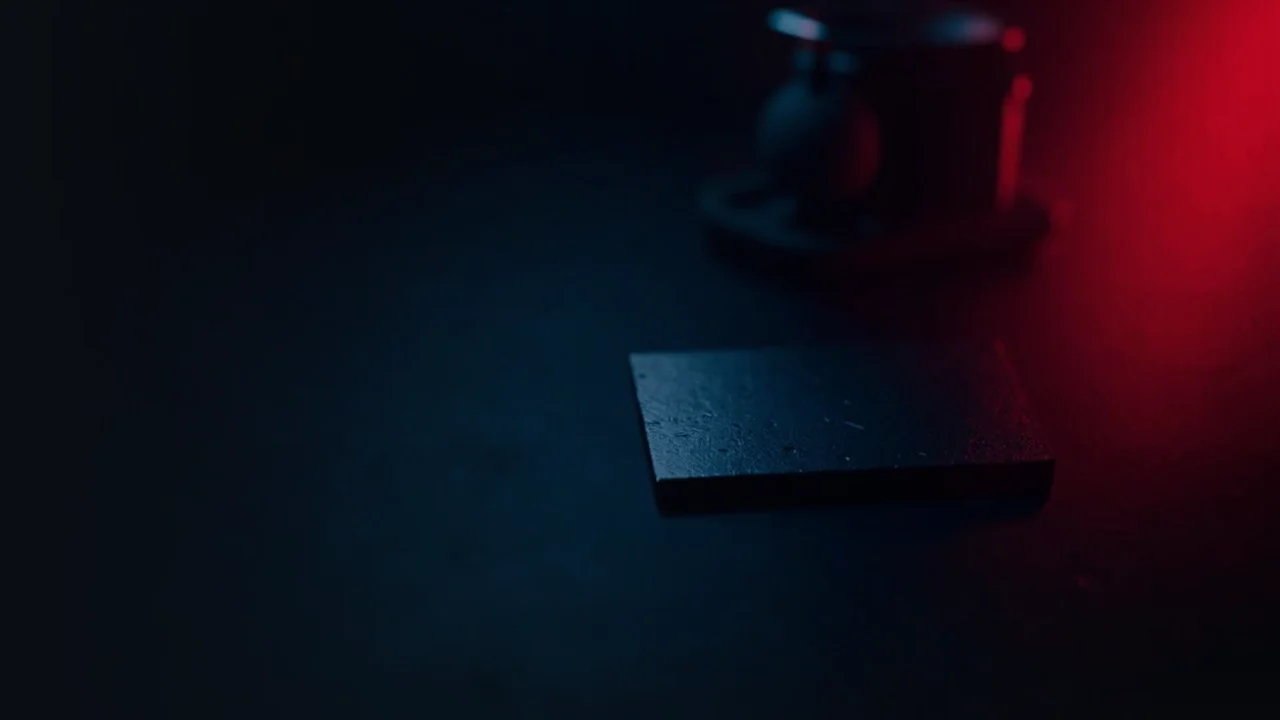 A dark desk with a hardware wallet with a blank screen and a steel plate.