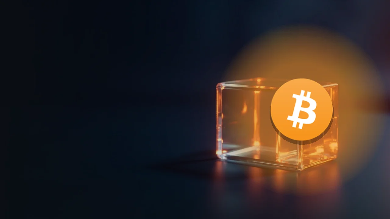 The Bitcoin logo over glass blocks joined by glowing orange light on a dark navy background.