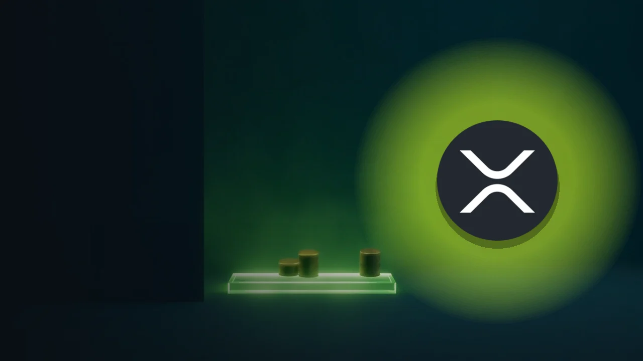 The XRP logo over a glowing bridge links two platforms of blank coins, showing how XRP moves value between currencies.