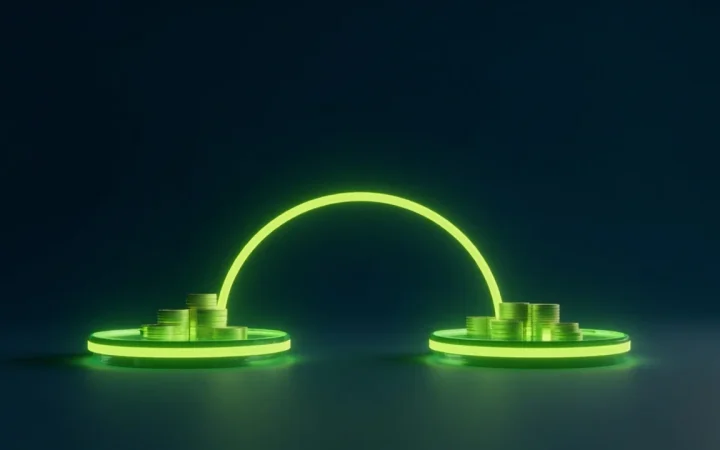 A glowing bridge links two platforms of blank coins, showing how XRP moves value between currencies.