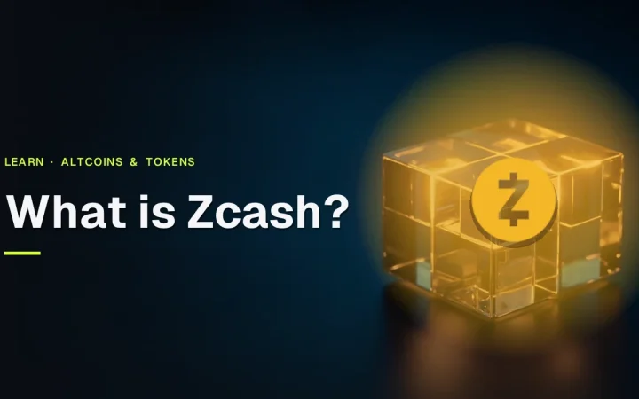 The title What is Zcash? over a dark navy background with glowing gold glass blocks joined by light on the right.