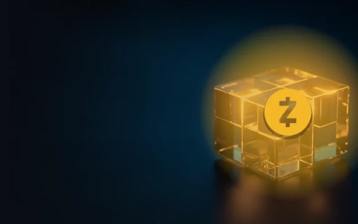 Zcash-logoet over en mørk navy baggrund med glødende guldbrokker af glas forbundet af lys til højre.