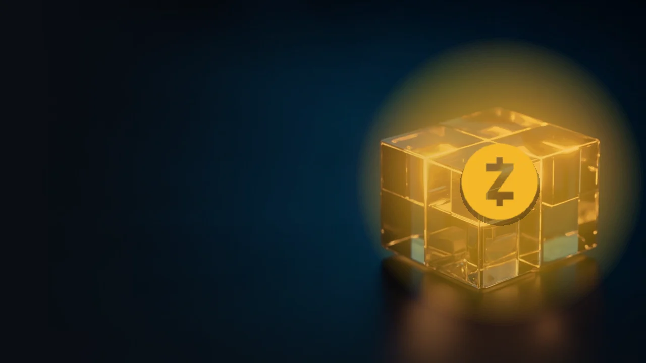 Zcash-logoen over en mørk marineblå bakgrunn med glødende gullglassblokker forbundet med lys til høyre.