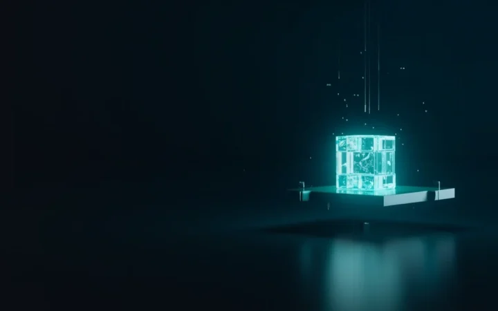 A dark navy background with glowing teal glass blocks joined by light.