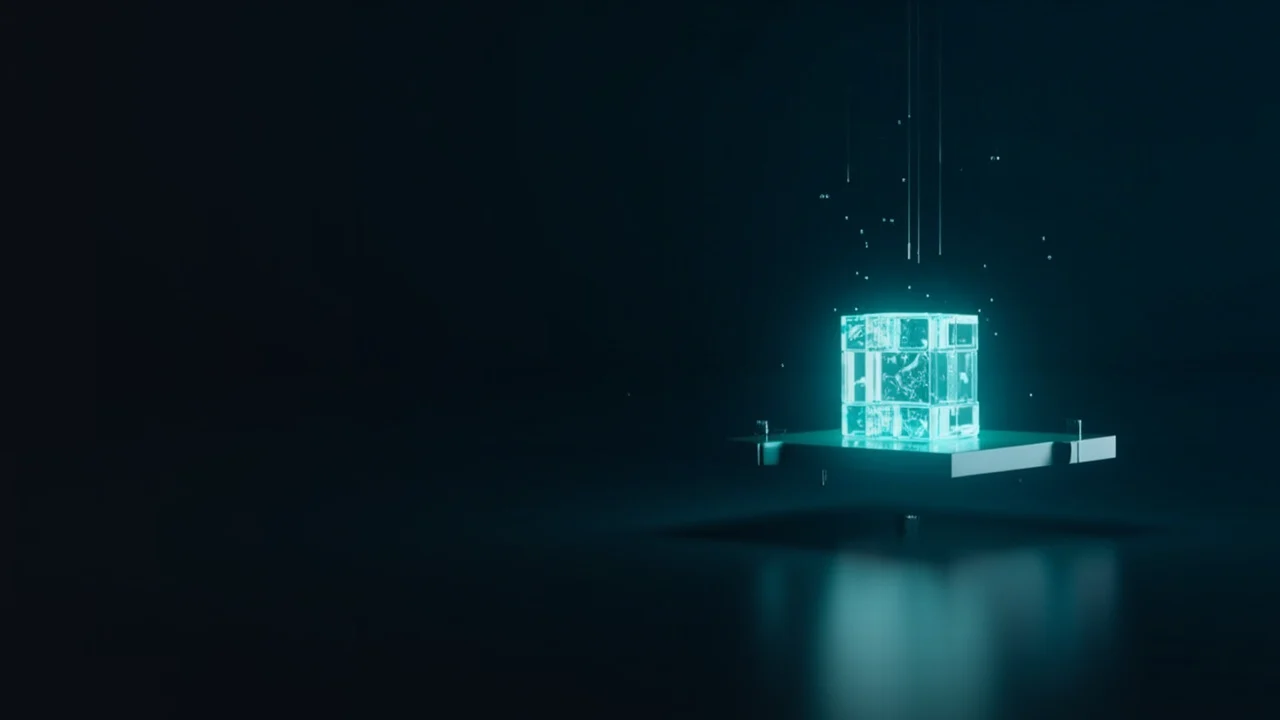 Ein dunkelblauer Hintergrund mit leuchtenden türkisfarbenen Glasblöcken, die durch Licht verbunden sind.