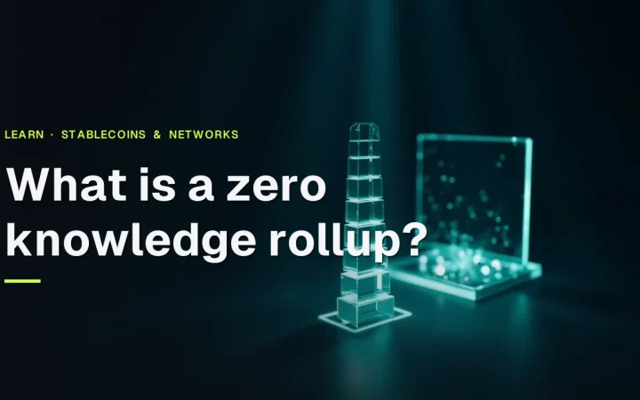 The title What is a zero knowledge rollup? over a dark navy background with glowing teal glass blocks joined by light.