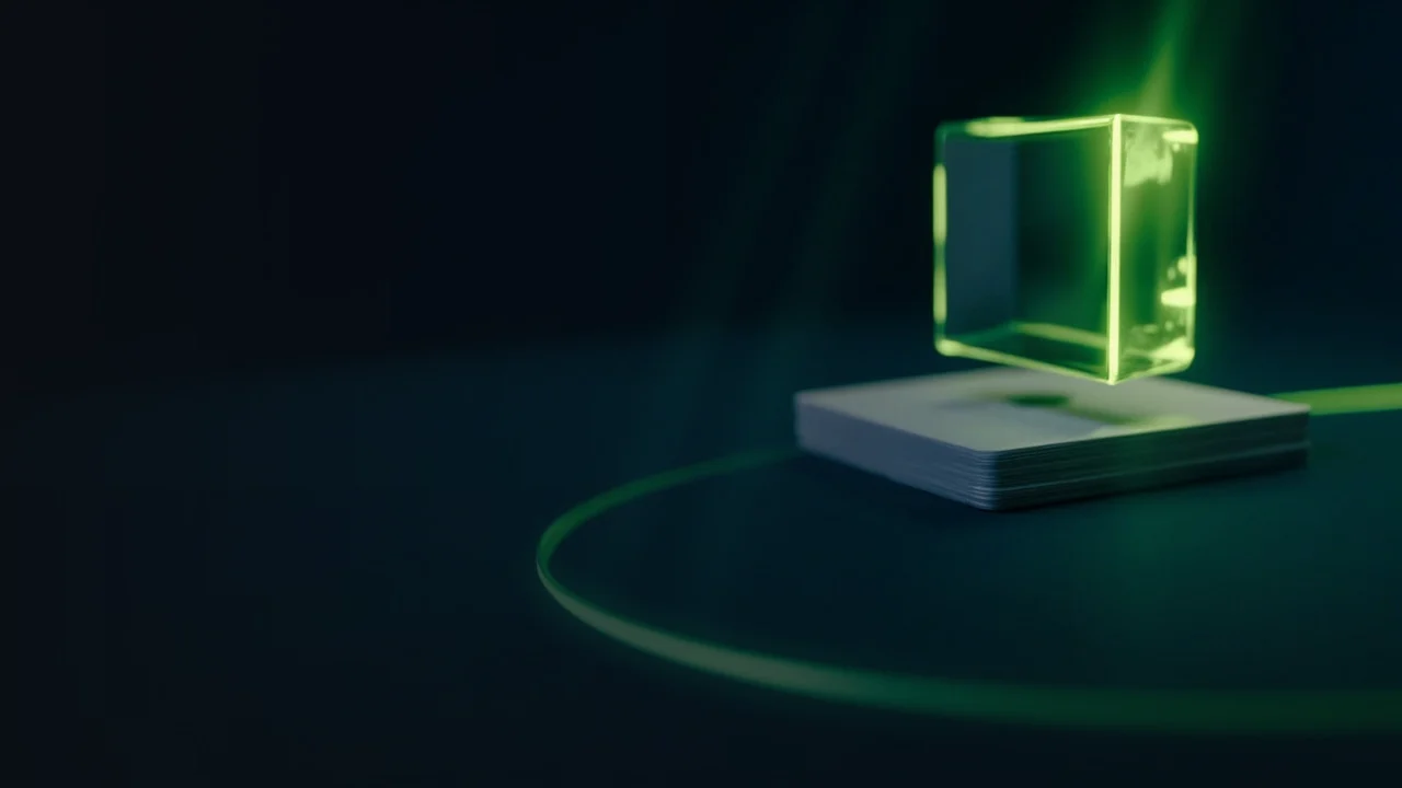 Un fond bleu nuit avec un bloc de verre lumineux, des cartes vierges et un cadran à droite.
