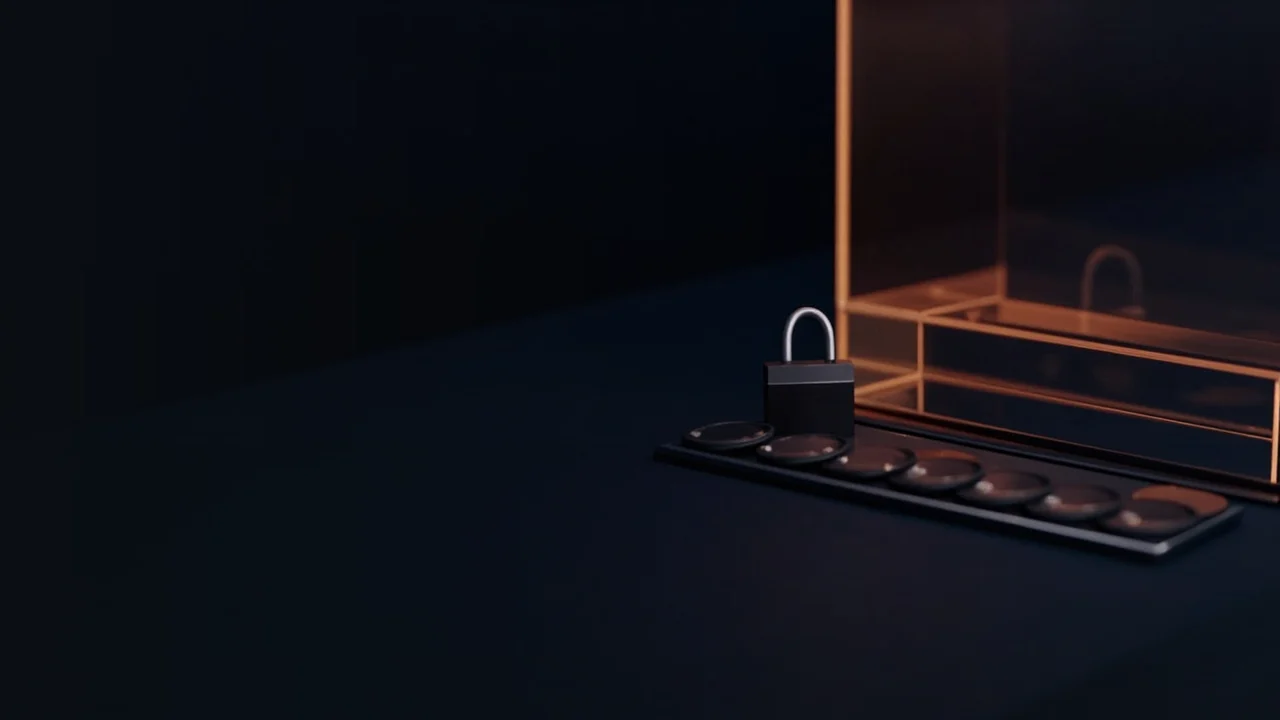 En mörk marinblå bakgrund med tomma mynt, en stålplatta, ett hänglås och ett glasblock som lyser orange till höger.