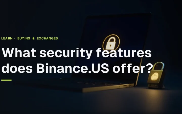 Erklärung der Sicherheitsfunktionen von Binance.US mit einem Laptop, Hardware-Schlüssel, Vorhängeschloss und Fingerabdruckscanner auf einem dunkelblauen Hintergrund.