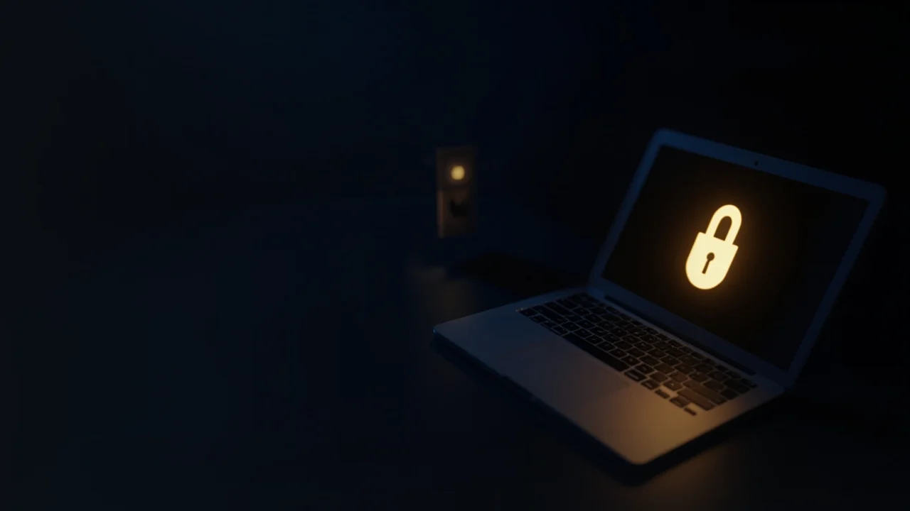 A dark navy desk with a sleek laptop and a hardware security key, a glowing gold padlock icon on the screen.