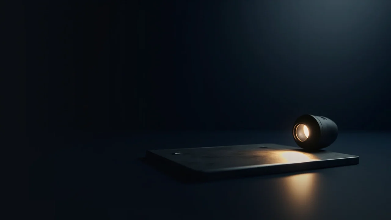 En hardware wallet med en tom skærm og en stålplade på en mørk navy overflade, med gyldent lys til højre og tom skygge til venstre.